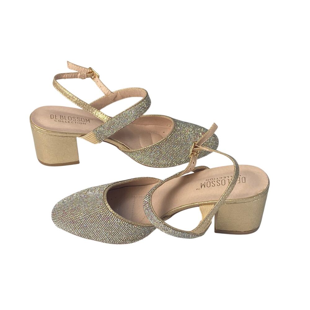 De Blossom Sequin Gold Glitter Slingback Block Heel Women's Size 7.5